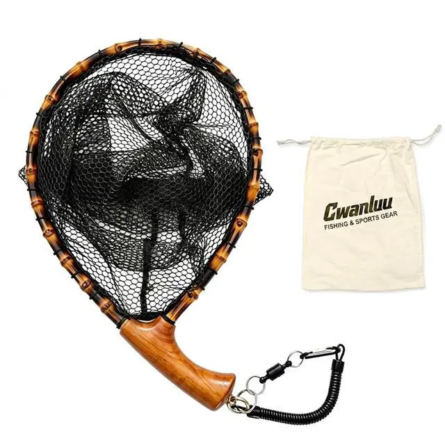 Main image of Floating Handcrafted Bamboo Fly Fishing Landing Net, Solid Wood Handle, Soft Rubber Coated Mesh for Trout, Kayak & Stream Fishing, Includes Magnetic Release & Safety Lanyard