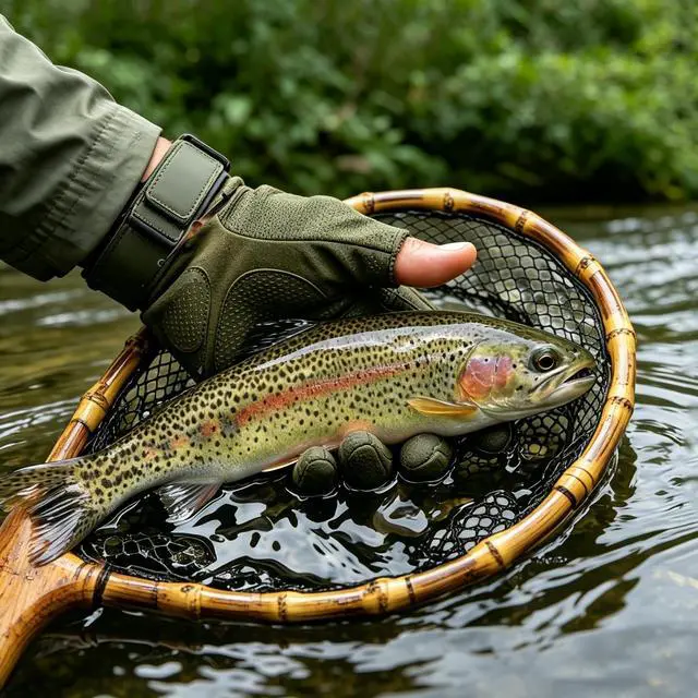 Alt view image 2 of 7 - Floating Handcrafted Bamboo Fly Fishing Landing Net, Solid Wood Handle, Soft Rubber Coated Mesh for Trout, Kayak & Stream Fishing, Includes Magnetic Release & Safety Lanyard