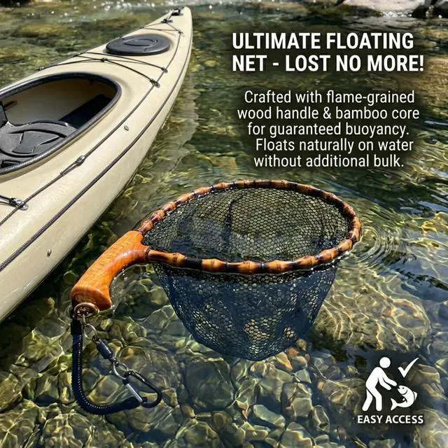 Alt view image 3 of 7 - Floating Handcrafted Bamboo Fly Fishing Landing Net, Solid Wood Handle, Soft Rubber Coated Mesh for Trout, Kayak & Stream Fishing, Includes Magnetic Release & Safety Lanyard