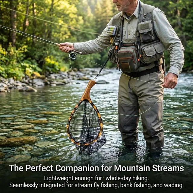 Alt view image 4 of 7 - Floating Handcrafted Bamboo Fly Fishing Landing Net, Solid Wood Handle, Soft Rubber Coated Mesh for Trout, Kayak & Stream Fishing, Includes Magnetic Release & Safety Lanyard