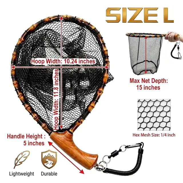 Alt view image 5 of 7 - Floating Handcrafted Bamboo Fly Fishing Landing Net, Solid Wood Handle, Soft Rubber Coated Mesh for Trout, Kayak & Stream Fishing, Includes Magnetic Release & Safety Lanyard