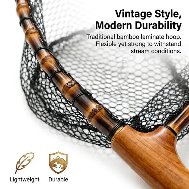 Alt view image 6 of 7 - Floating Handcrafted Bamboo Fly Fishing Landing Net, Solid Wood Handle, Soft Rubber Coated Mesh for Trout, Kayak & Stream Fishing, Includes Magnetic Release & Safety Lanyard