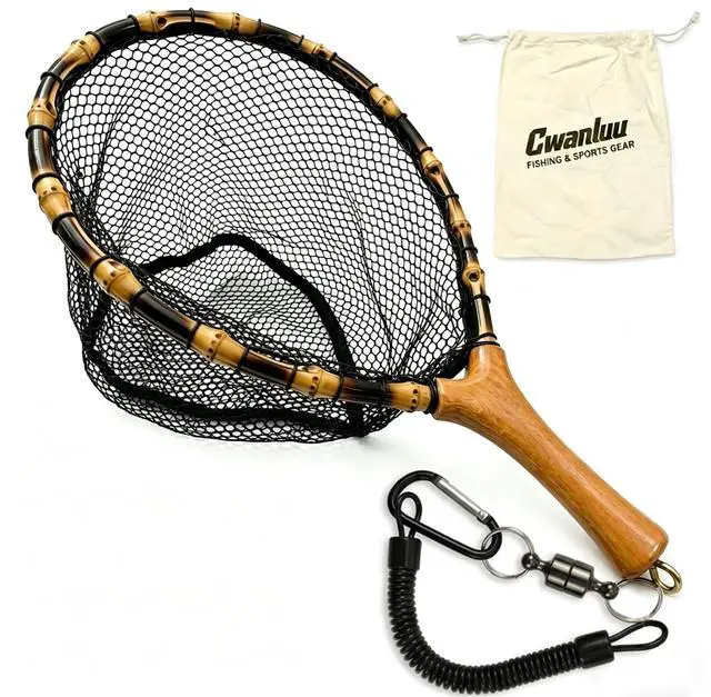 Main image of Floating Handcrafted Bamboo Fly Fishing Landing Net, Solid Wood Handle, Soft Rubber Coated Mesh for Trout, Kayak & Stream Fishing, Includes Magnetic Release & Safety Lanyard