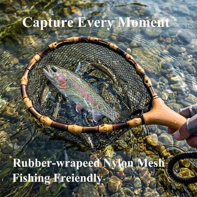 Alt view image 2 of 7 - Floating Handcrafted Bamboo Fly Fishing Landing Net, Solid Wood Handle, Soft Rubber Coated Mesh for Trout, Kayak & Stream Fishing, Includes Magnetic Release & Safety Lanyard