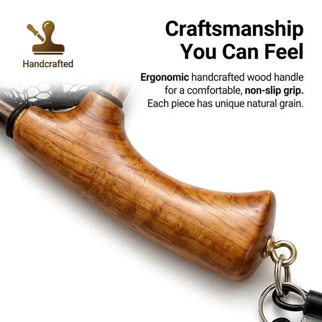 Alt view image 7 of 7 - Floating Handcrafted Bamboo Fly Fishing Landing Net, Solid Wood Handle, Soft Rubber Coated Mesh for Trout, Kayak & Stream Fishing, Includes Magnetic Release & Safety Lanyard