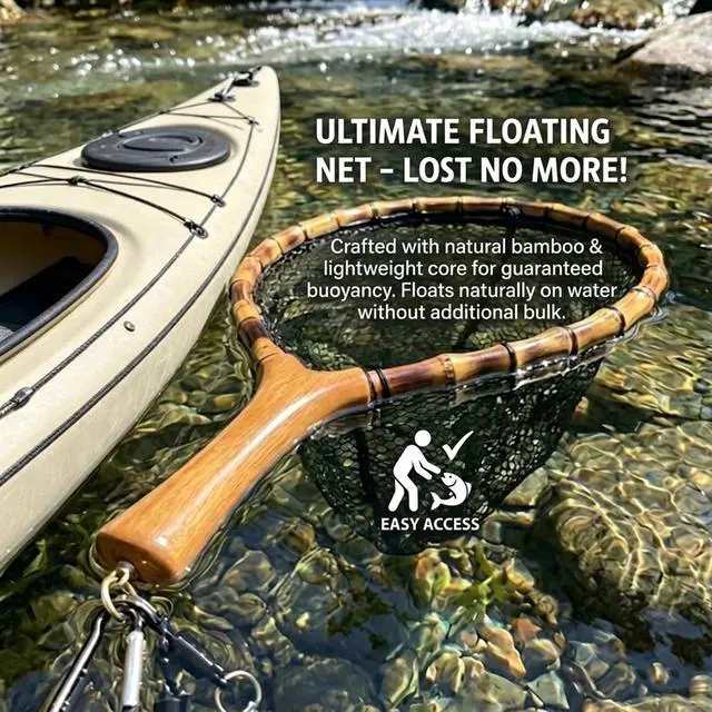 Alt view image 3 of 7 - Floating Handcrafted Bamboo Fly Fishing Landing Net, Solid Wood Handle, Soft Rubber Coated Mesh for Trout, Kayak & Stream Fishing, Includes Magnetic Release & Safety Lanyard