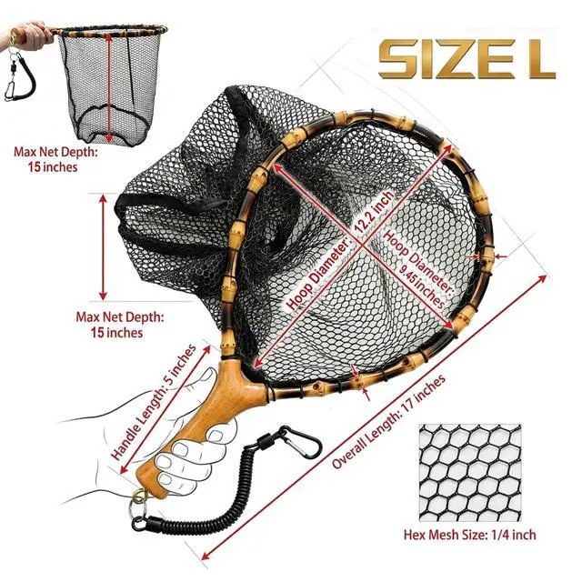 Alt view image 4 of 7 - Floating Handcrafted Bamboo Fly Fishing Landing Net, Solid Wood Handle, Soft Rubber Coated Mesh for Trout, Kayak & Stream Fishing, Includes Magnetic Release & Safety Lanyard