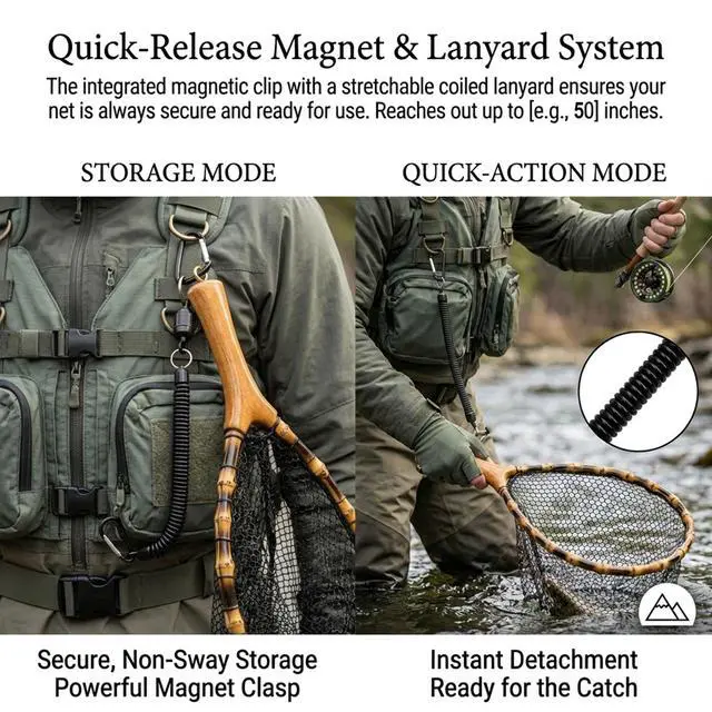 Alt view image 6 of 7 - Floating Handcrafted Bamboo Fly Fishing Landing Net, Solid Wood Handle, Soft Rubber Coated Mesh for Trout, Kayak & Stream Fishing, Includes Magnetic Release & Safety Lanyard
