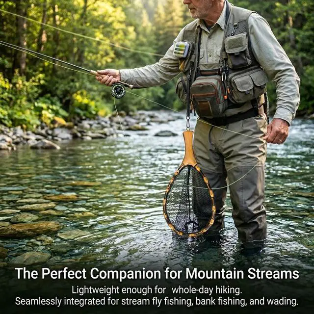 Alt view image 7 of 7 - Floating Handcrafted Bamboo Fly Fishing Landing Net, Solid Wood Handle, Soft Rubber Coated Mesh for Trout, Kayak & Stream Fishing, Includes Magnetic Release & Safety Lanyard