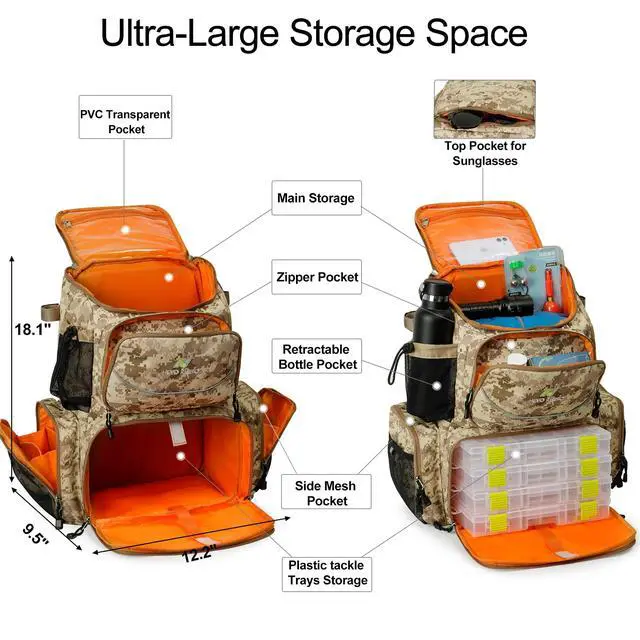Alt view image 2 of 7 - Fishing Tackle Backpack with Rod Holders, 40L Large Fishing Bag with Waterproof Rain Cover,Outdoor Tackle Bag