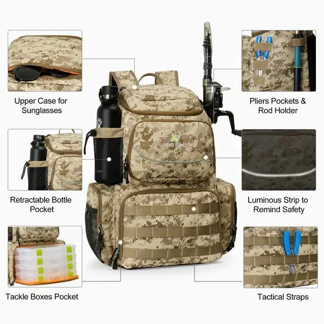 Alt view image 3 of 7 - Fishing Tackle Backpack with Rod Holders, 40L Large Fishing Bag with Waterproof Rain Cover,Outdoor Tackle Bag