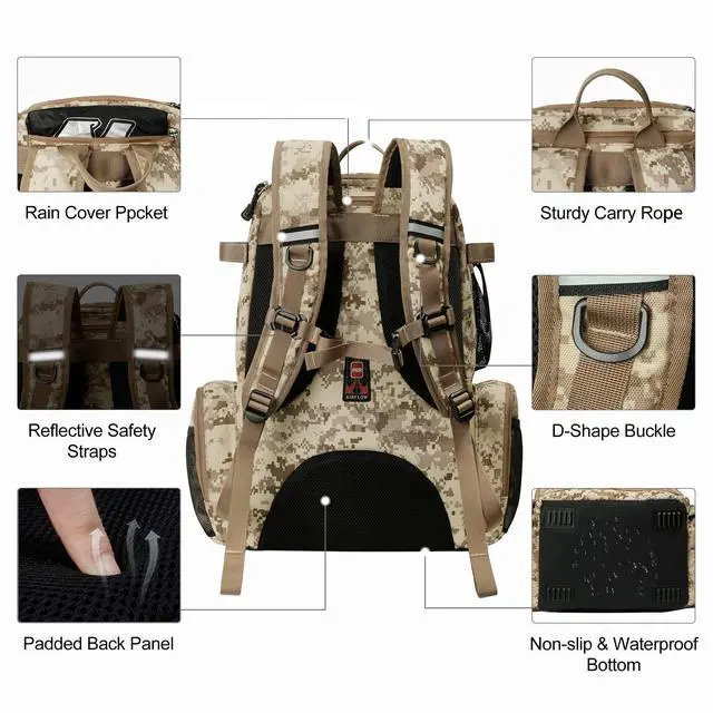 Alt view image 4 of 7 - Fishing Tackle Backpack with Rod Holders, 40L Large Fishing Bag with Waterproof Rain Cover,Outdoor Tackle Bag