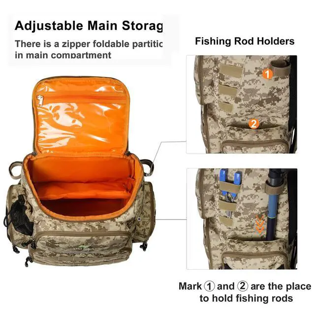 Alt view image 5 of 7 - Fishing Tackle Backpack with Rod Holders, 40L Large Fishing Bag with Waterproof Rain Cover,Outdoor Tackle Bag