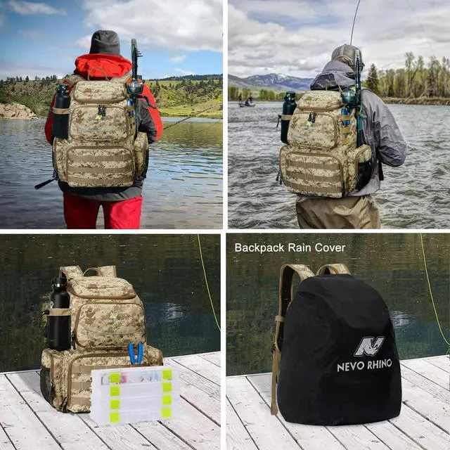 Alt view image 6 of 7 - Fishing Tackle Backpack with Rod Holders, 40L Large Fishing Bag with Waterproof Rain Cover,Outdoor Tackle Bag