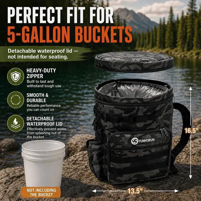 Alt view image 2 of 7 - Fishing Bucket Organizer for 5 Gallon Bucket, Fishing Tackle Bag | With Backpack Straps, Detachable Lid & Multi-Pockets for Storage, Full Water-Resistant (Bucket, Seat & Tools Not Included)