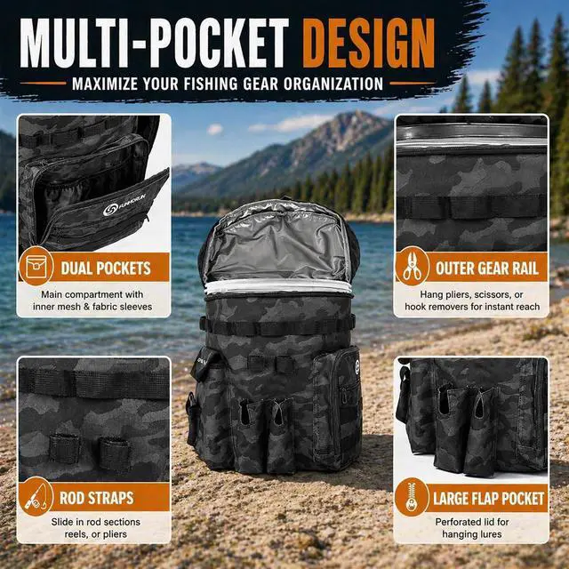 Alt view image 4 of 7 - Fishing Bucket Organizer for 5 Gallon Bucket, Fishing Tackle Bag | With Backpack Straps, Detachable Lid & Multi-Pockets for Storage, Full Water-Resistant (Bucket, Seat & Tools Not Included)