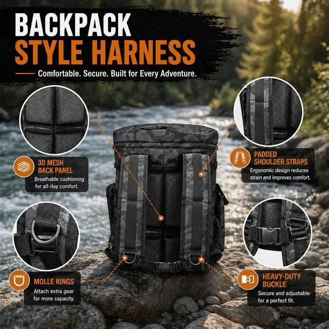 Alt view image 5 of 7 - Fishing Bucket Organizer for 5 Gallon Bucket, Fishing Tackle Bag | With Backpack Straps, Detachable Lid & Multi-Pockets for Storage, Full Water-Resistant (Bucket, Seat & Tools Not Included)