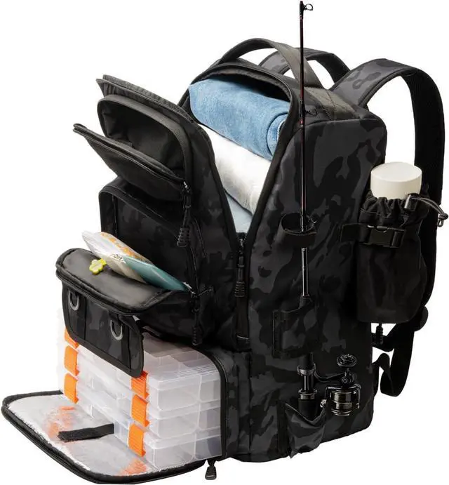 Main image of Fishing Backpack with Rod Holders & Cooler, 40L Fishing Tackle Bag Fishing Tackle Storage Backpack Fishing Gear for Camping, Black Camo