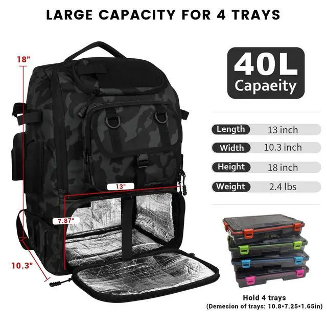 Alt view image 2 of 7 - Fishing Backpack with Rod Holders & Cooler, 40L Fishing Tackle Bag Fishing Tackle Storage Backpack Fishing Gear for Camping, Black Camo