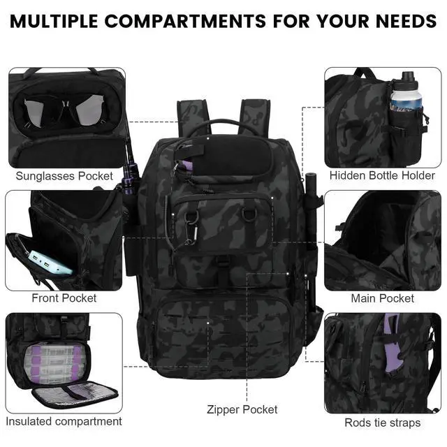 Alt view image 3 of 7 - Fishing Backpack with Rod Holders & Cooler, 40L Fishing Tackle Bag Fishing Tackle Storage Backpack Fishing Gear for Camping, Black Camo
