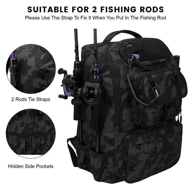 Alt view image 4 of 7 - Fishing Backpack with Rod Holders & Cooler, 40L Fishing Tackle Bag Fishing Tackle Storage Backpack Fishing Gear for Camping, Black Camo
