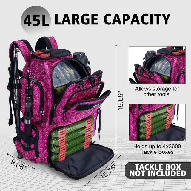 Alt view image 6 of 7 - Fishing Backpack,900D Water-Resistant Tackle Backpack with Rod Holders,45L Large Fishing Bag Storage Gear Tackle Bag with Rain Cover,Bottle Holder for Travel Camping Hiking(Without Tackle Box)