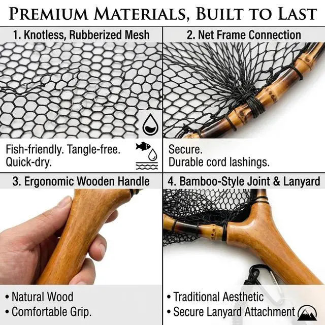 Alt view image 5 of 7 - Floating Handcrafted Bamboo Fly Fishing Landing Net, Solid Wood Handle, Soft Rubber Coated Mesh for Trout, Kayak & Stream Fishing, Includes Magnetic Release & Safety Lanyard