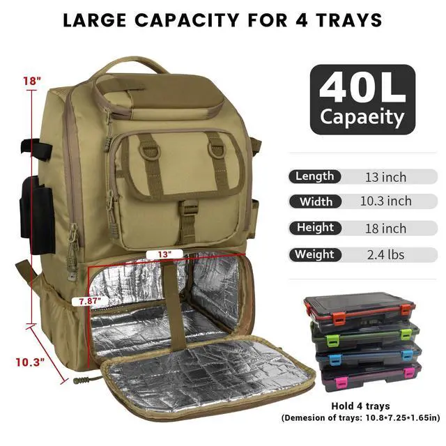 Alt view image 2 of 7 - Fishing Backpack with Rod Holders & Cooler, 40L Fishing Tackle Bag Fishing Tackle Storage Backpack Fishing Gear for Camping, Khaki