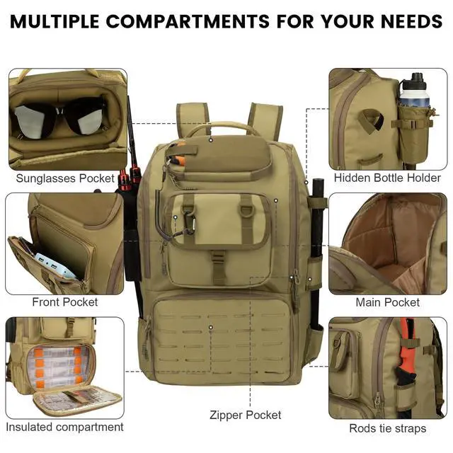 Alt view image 3 of 7 - Fishing Backpack with Rod Holders & Cooler, 40L Fishing Tackle Bag Fishing Tackle Storage Backpack Fishing Gear for Camping, Khaki