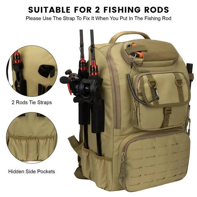 Alt view image 4 of 7 - Fishing Backpack with Rod Holders & Cooler, 40L Fishing Tackle Bag Fishing Tackle Storage Backpack Fishing Gear for Camping, Khaki
