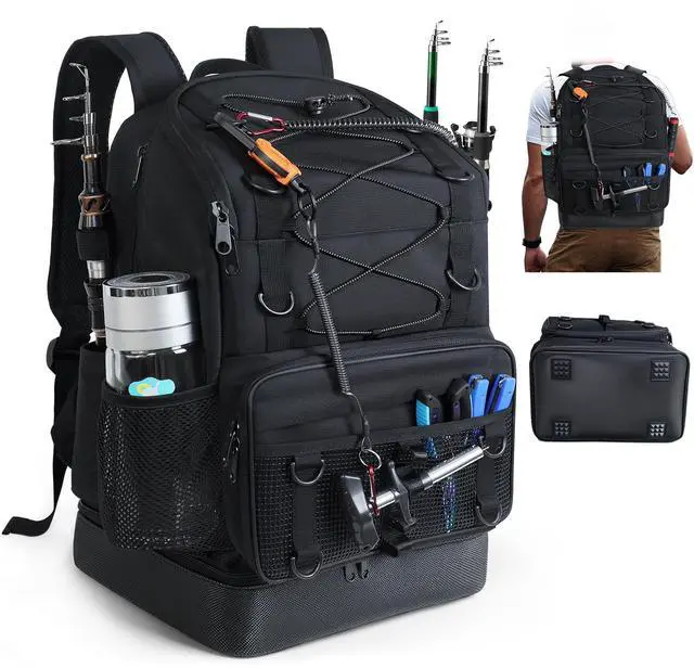 Main image of Fishing Backpack with Rod Holder, Heavy Duty Fishing Bag with Waterproof Bottom, Tackle Backpack Gifts for Man Woman-Black