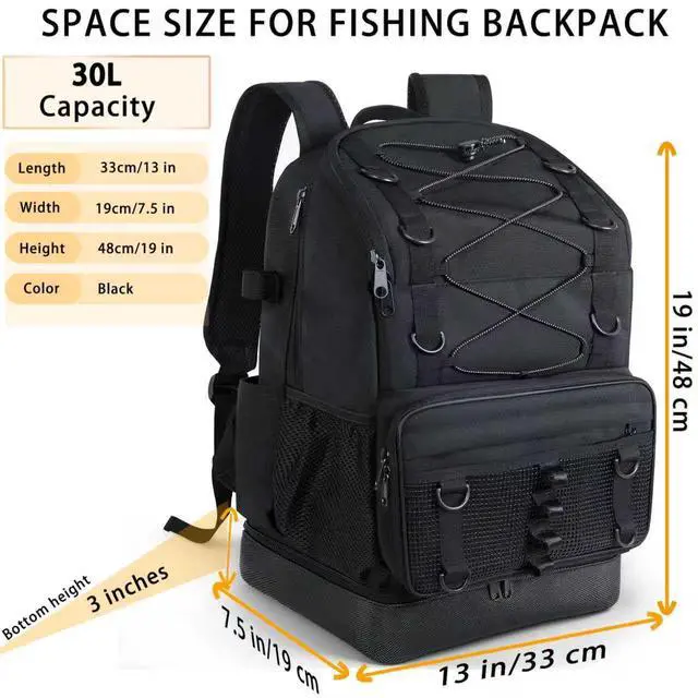 Alt view image 4 of 7 - Fishing Backpack with Rod Holder, Heavy Duty Fishing Bag with Waterproof Bottom, Tackle Backpack Gifts for Man Woman-Black