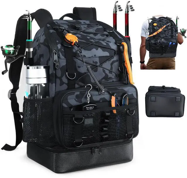 Main image of Fishing Backpack with Rod Holder, Heavy Duty Fishing Bag with Waterproof Bottom, Tackle Backpack Gifts for Man Woman-Black Camo