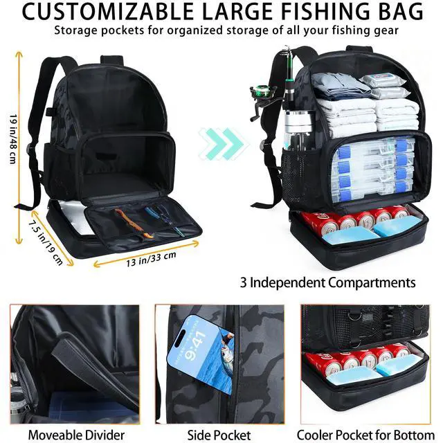 Alt view image 2 of 7 - Fishing Backpack with Rod Holder, Heavy Duty Fishing Bag with Waterproof Bottom, Tackle Backpack Gifts for Man Woman-Black Camo