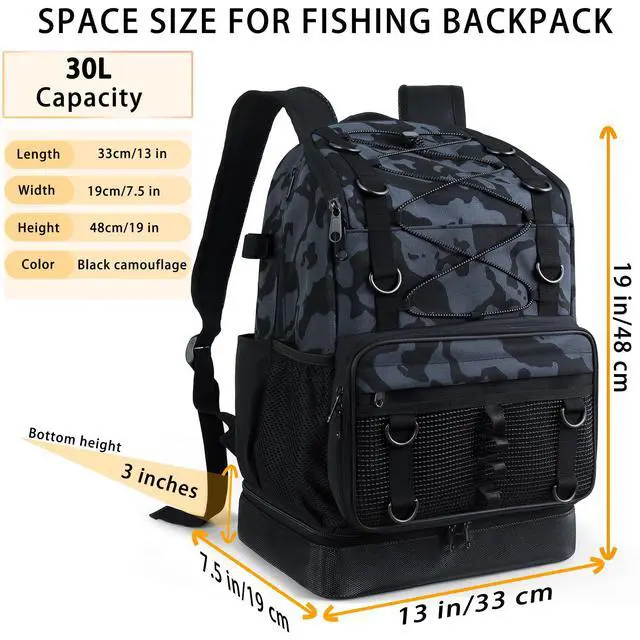 Alt view image 4 of 7 - Fishing Backpack with Rod Holder, Heavy Duty Fishing Bag with Waterproof Bottom, Tackle Backpack Gifts for Man Woman-Black Camo