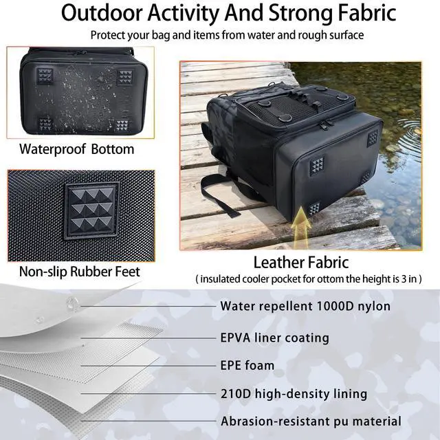 Alt view image 3 of 7 - Fishing Backpack with Rod Holder, Heavy Duty Fishing Bag with Waterproof Bottom, Tackle Backpack Gifts for Man Woman-Black Camo