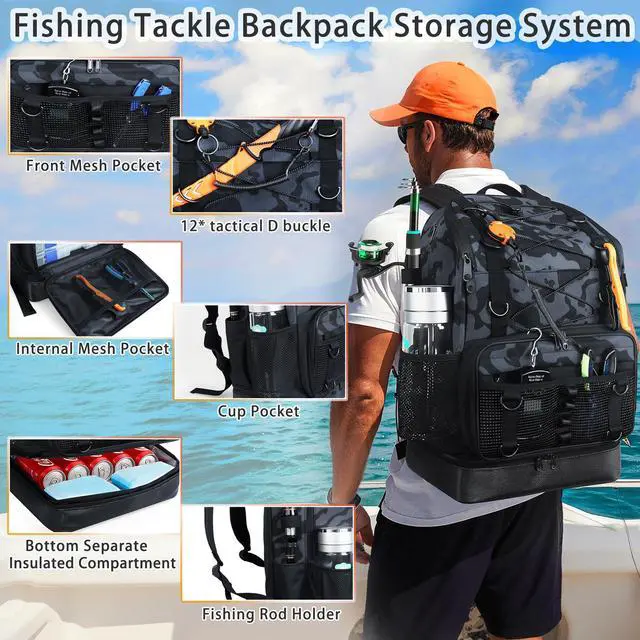 Alt view image 5 of 7 - Fishing Backpack with Rod Holder, Heavy Duty Fishing Bag with Waterproof Bottom, Tackle Backpack Gifts for Man Woman-Black Camo