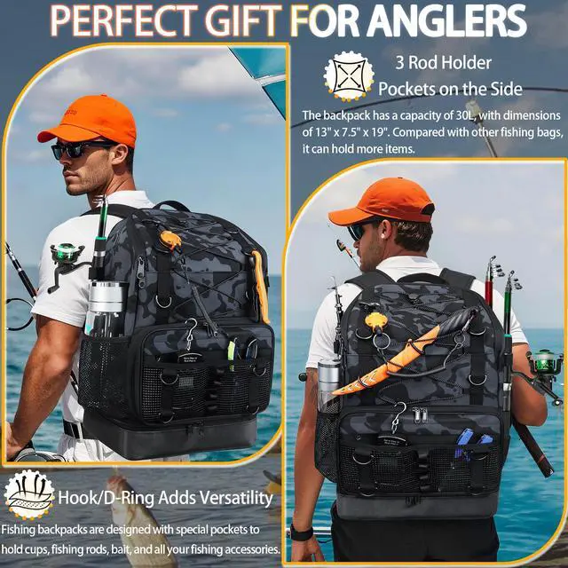 Alt view image 6 of 7 - Fishing Backpack with Rod Holder, Heavy Duty Fishing Bag with Waterproof Bottom, Tackle Backpack Gifts for Man Woman-Black Camo