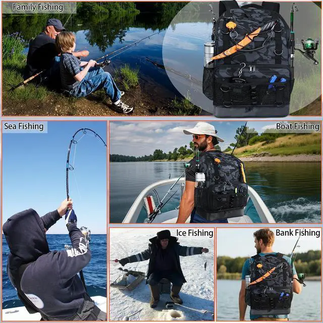 Alt view image 7 of 7 - Fishing Backpack with Rod Holder, Heavy Duty Fishing Bag with Waterproof Bottom, Tackle Backpack Gifts for Man Woman-Black Camo
