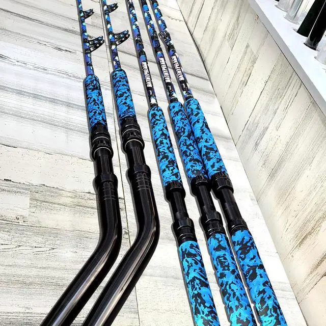 Alt view image 7 of 7 - Saltwater Fishing Rod 1Piece/2Piece Offshore Trolling Rod Big Game Deep Sea Rod Conventional Boat Blue Camouflage Fishing Pole(5'6"/6'/7')