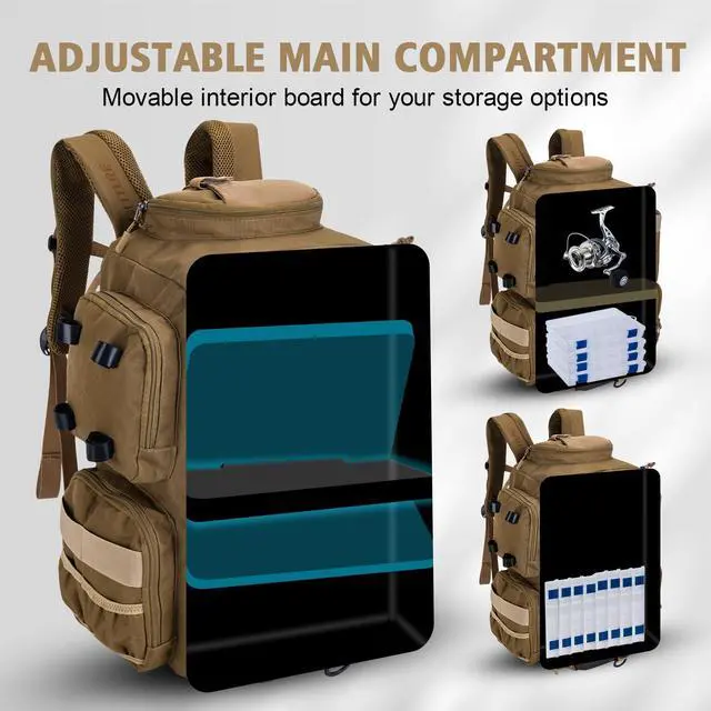Alt view image 3 of 7 - Fishing Backpack,900D Water-Resistant Tackle Backpack with Rod Holders,45L Large Fishing Bag Storage Gear Tackle Bag with Rain Cover,Bottle Holder for Travel Camping Hiking(Without Tackle Box)