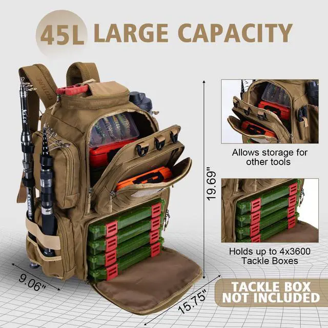 Alt view image 6 of 7 - Fishing Backpack,900D Water-Resistant Tackle Backpack with Rod Holders,45L Large Fishing Bag Storage Gear Tackle Bag with Rain Cover,Bottle Holder for Travel Camping Hiking(Without Tackle Box)