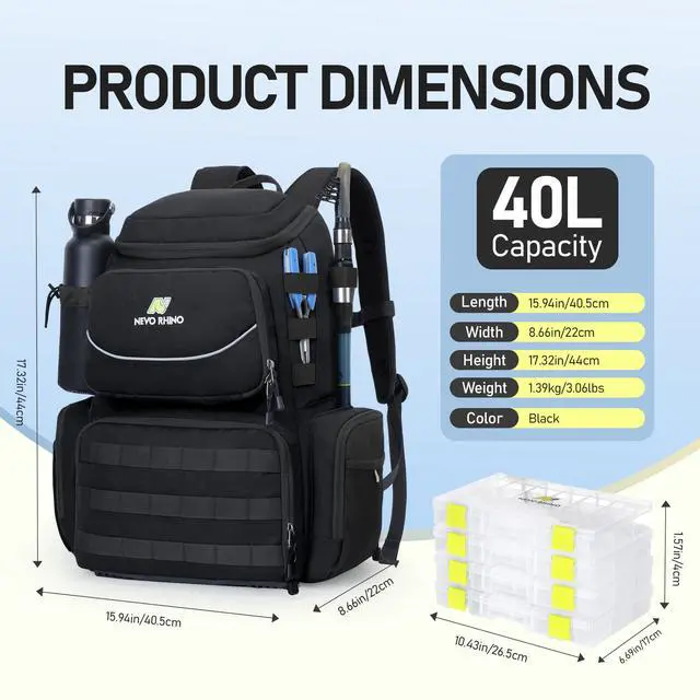Alt view image 2 of 7 - Fishing Tackle Backpack with Rod Holders, 40L Large Fishing Bag with Waterproof Rain Cover,Outdoor Tackle Bag
