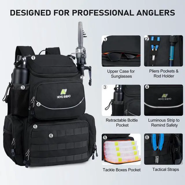 Alt view image 5 of 7 - Fishing Tackle Backpack with Rod Holders, 40L Large Fishing Bag with Waterproof Rain Cover,Outdoor Tackle Bag