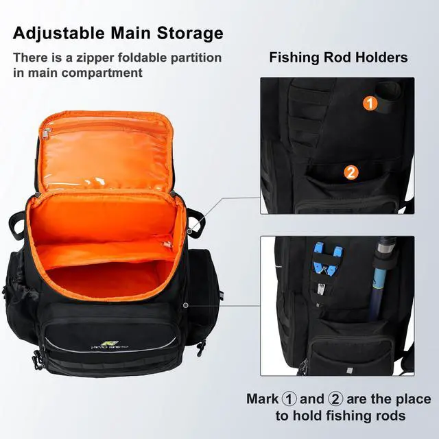 Alt view image 4 of 7 - Fishing Tackle Backpack with Rod Holders, 40L Large Fishing Bag with Waterproof Rain Cover,Outdoor Tackle Bag