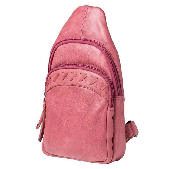 Alt view image 2 of 7 - Concealed Carry Leather Unisex Tactical Taylor Sling Backpack with Locking Zippers and Universal Gun Holster (Plum)