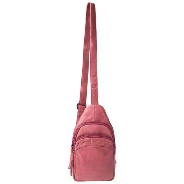 Alt view image 3 of 7 - Concealed Carry Leather Unisex Tactical Taylor Sling Backpack with Locking Zippers and Universal Gun Holster (Plum)