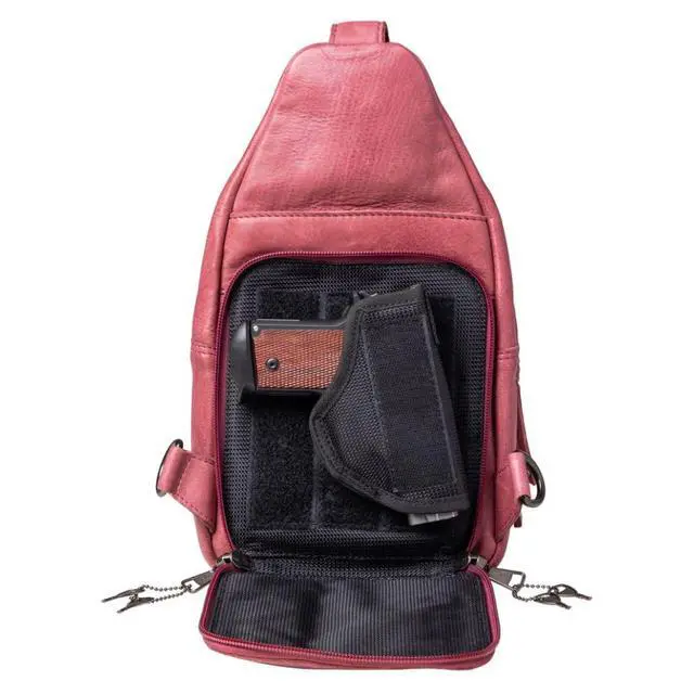 Alt view image 5 of 7 - Concealed Carry Leather Unisex Tactical Taylor Sling Backpack with Locking Zippers and Universal Gun Holster (Plum)