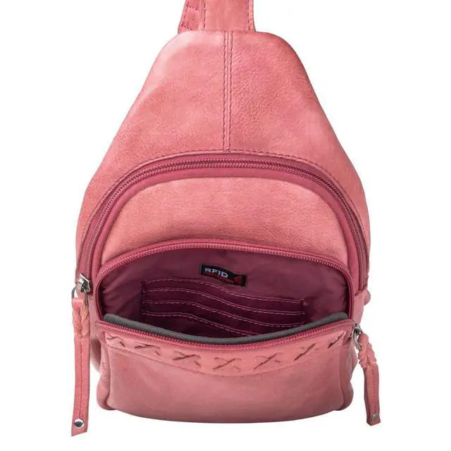 Alt view image 6 of 7 - Concealed Carry Leather Unisex Tactical Taylor Sling Backpack with Locking Zippers and Universal Gun Holster (Plum)