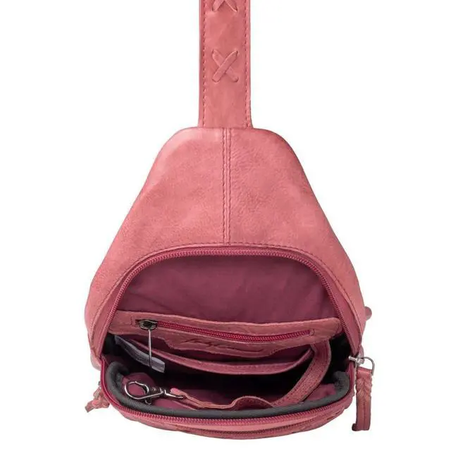 Alt view image 7 of 7 - Concealed Carry Leather Unisex Tactical Taylor Sling Backpack with Locking Zippers and Universal Gun Holster (Plum)